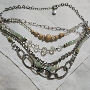 LOFT Silver and Green Layered Necklace